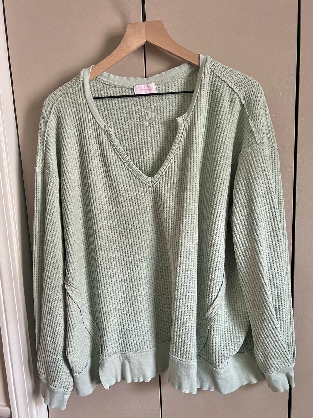 Pink Lily Sage Green V-Neck Waffle Knit Sweater